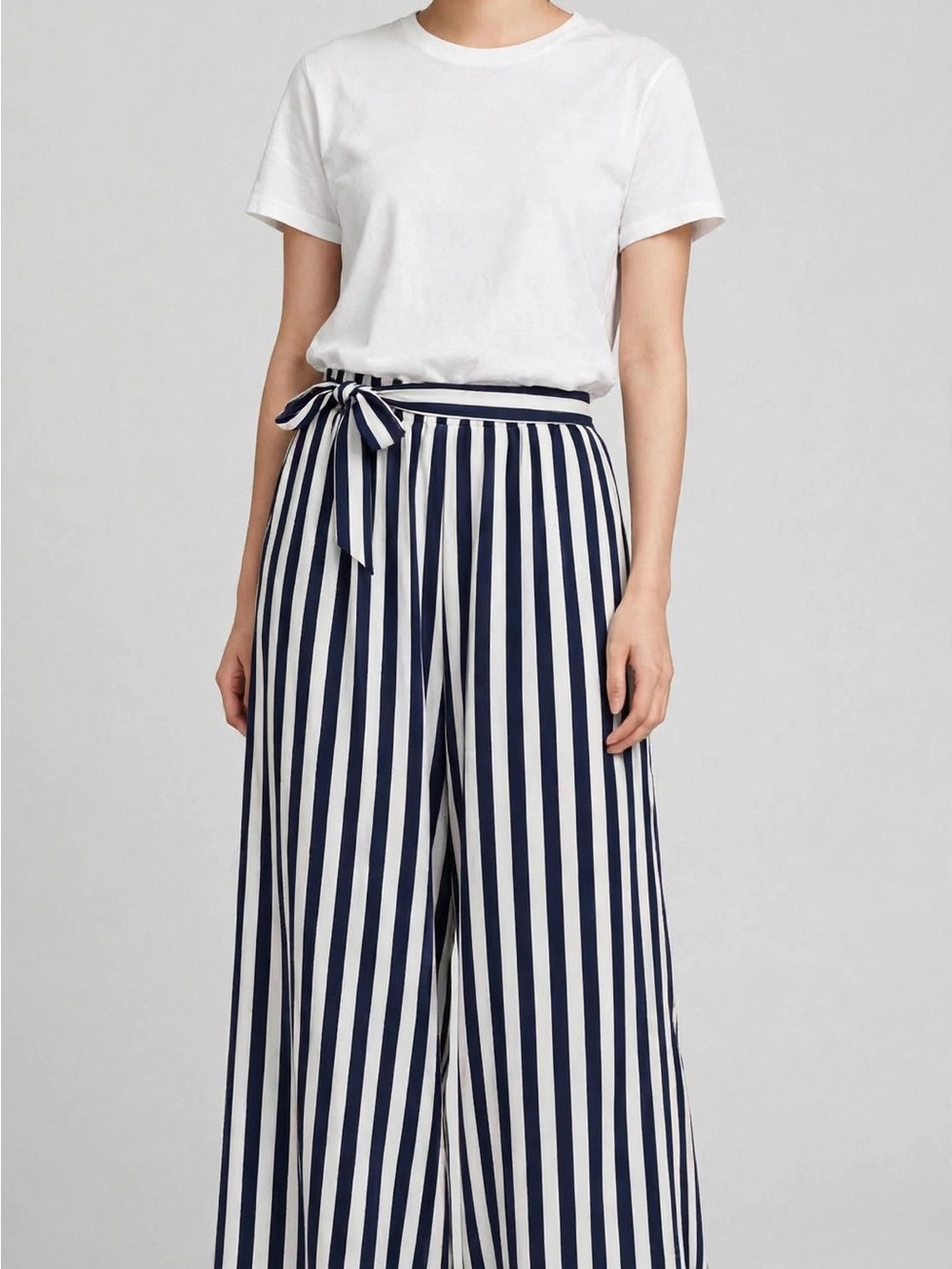 Vertical Stripe Wide-Leg Tie-Waist Pants - Navy & White
